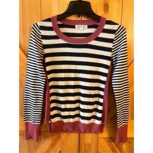 Pink Rose Sweater Womens Small Round Neck Striped Pullover (1153)